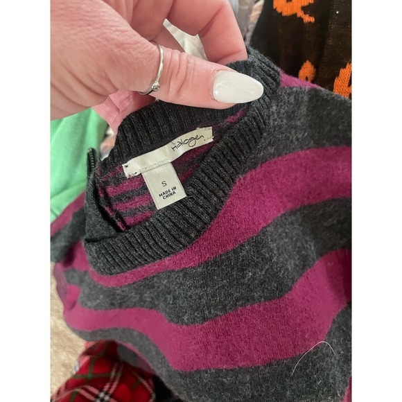 Halogen sweater women's burgundy gray back zip up striped 100% Merino Wool SZ SM - Picture 6 of 11